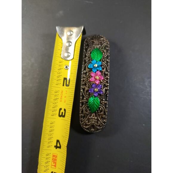 Hair Barrette Tension Clip Dark Gold Tone Green Blue Pink Neon Flowers - Picture 8 of 8